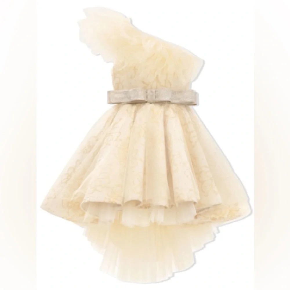 Girls' Cream One-Shoulder Lace Formal Dress with Bow